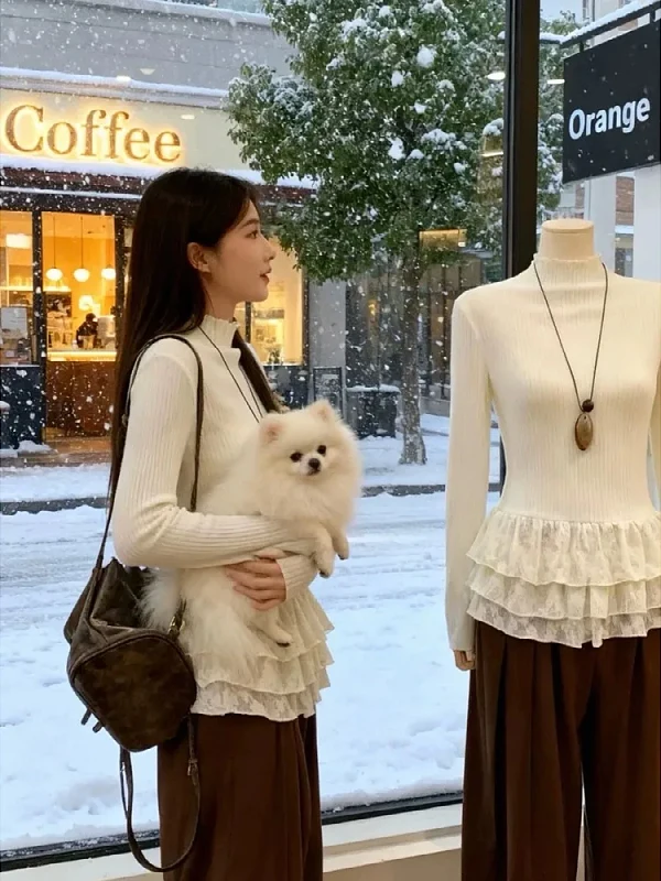 

Женская осенне-зимняя облегающая универсальная футболка больших размеров с высоким воротником, длинным рукавом, кружевной отделкой и флисовой подкладкой