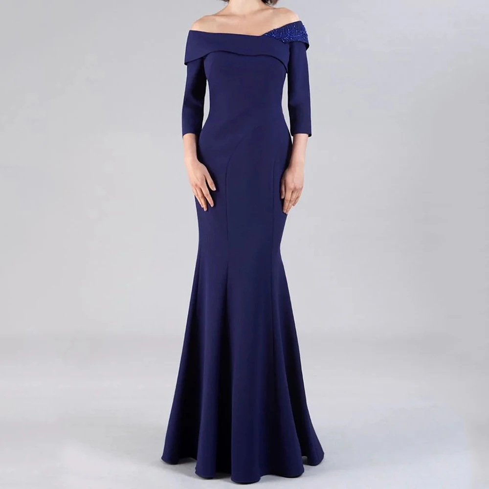 

A-line Women's Evening Dresses Floor-length Off The Shoulder Three Quarter Sleeve Prom Gown Fashion Flowers Customized Gowns
