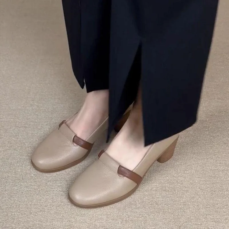 Women's Retro French Style Loafer Shoes Soft Leather Round Toe Slip On Office Work Shoes Mid Heel 4cm Comfortable Casual Mules
