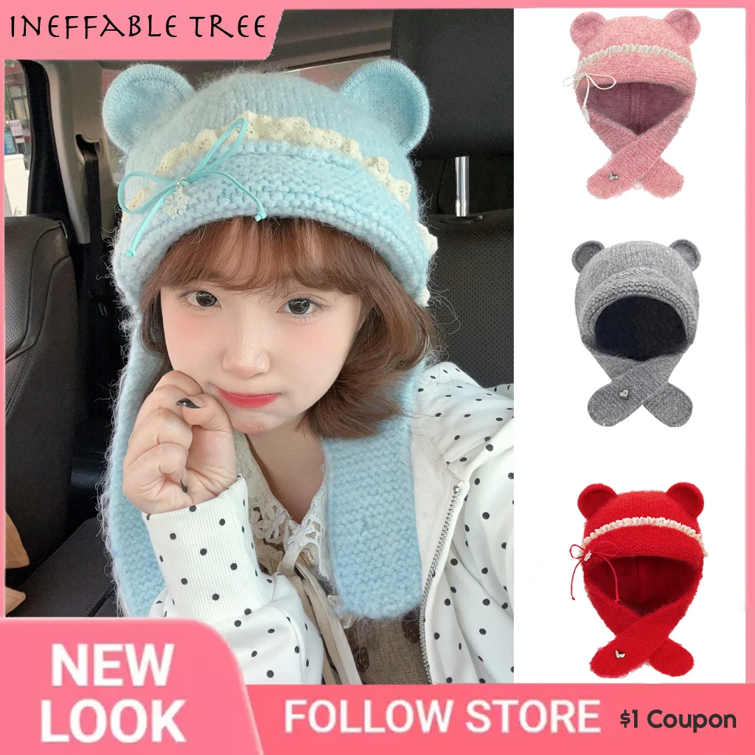 INS Cute Bear Ear Bow Knitted Hat Autumn Winter Warm Lace-Up Ear Protection Cap Outdoor Bomber Beanies Cap for Women Gift