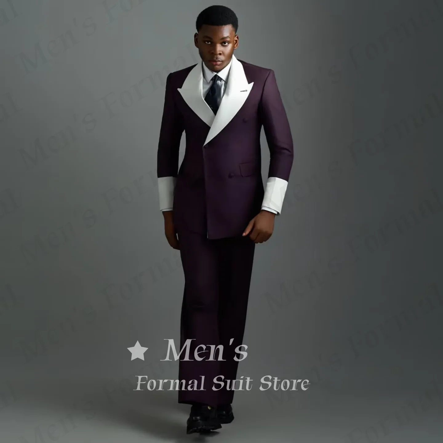 Dark Purple White Contrast 2 Piece Suit Slim Fit Peak Lapel Double Breasted Blazer Pants Wedding Groom Prom Slim Fit Customized