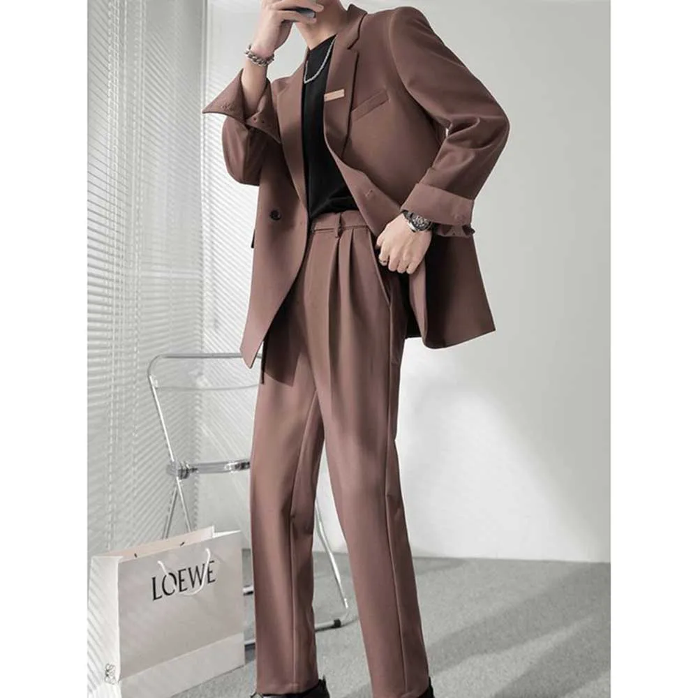 

Handsome Brown Suits for Men Notch Lapel 2 Piece Jacket Pants Male Clothing Slim Fit Smart Causal Daily Office Party Blazer Sets