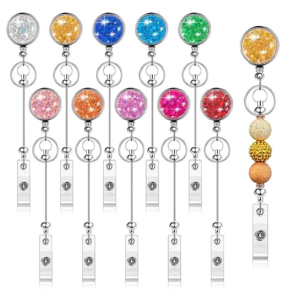 

New Bead Glitter Id Badge Holder Retractable Nurse Doctor Hospital Badge Reel Easy Pull String Buckle Keychain Student
