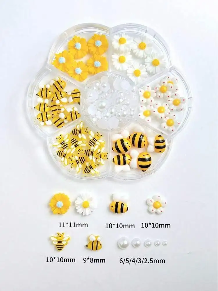 7-Grid Bee & Daisy Nail Charms Set - 3D Resin Flowers, Bees & Pearls, Cute Spring Nail Art Decorations for Manicure DIY view 4
