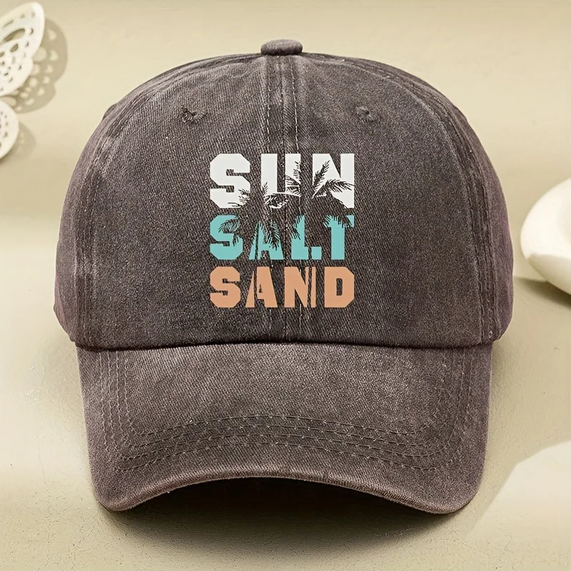 Sun Salt Sand Slogan Baseball Cap Coconut Tree Printed Solid Color Washed Distressed Dad Hats Breathable Adjustable Sports Hat