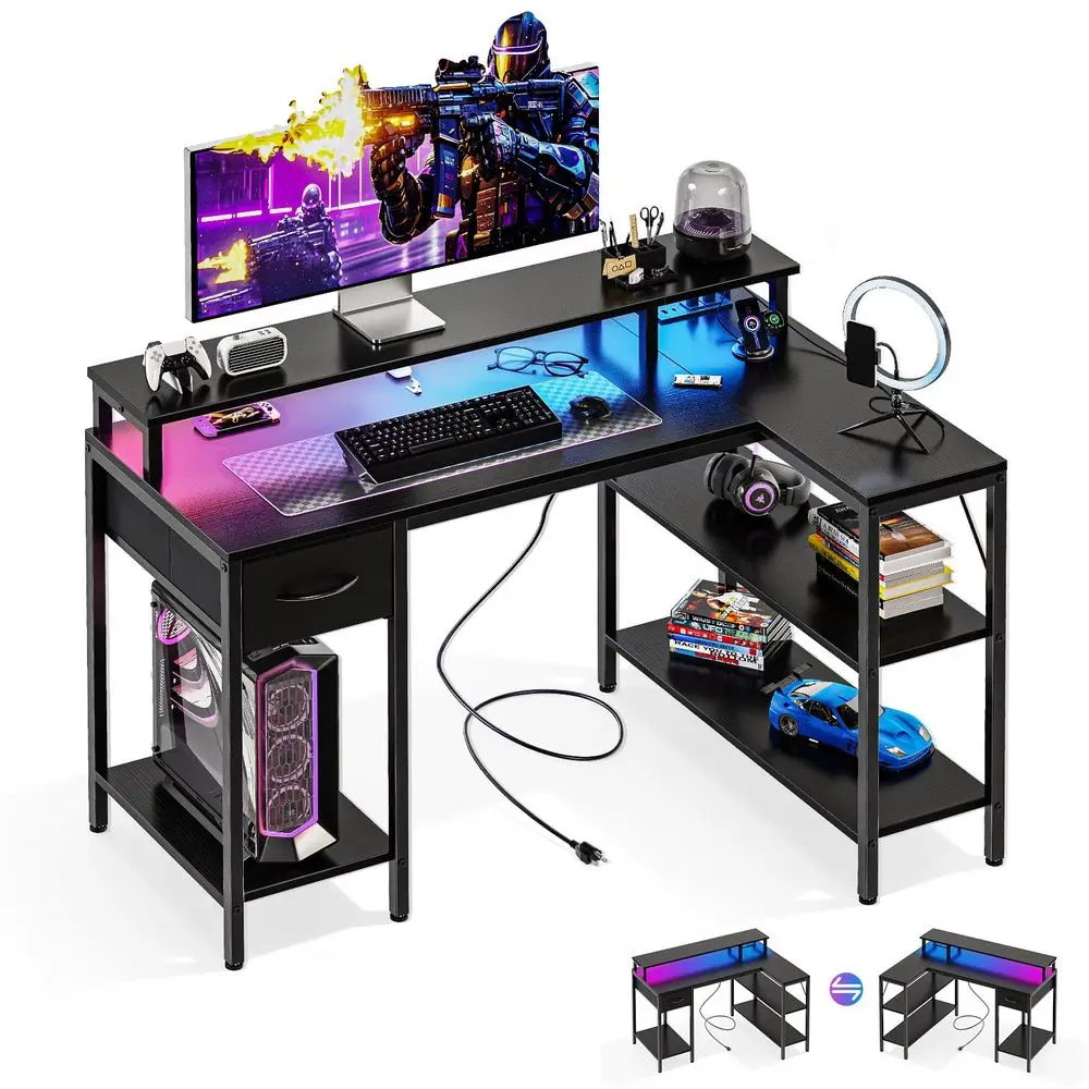 

47 Gaming Desk with USB Charging Ports amp LED Lights, Reversible L Shaped Desks Computer Corner Gamer Table with Power Outlets