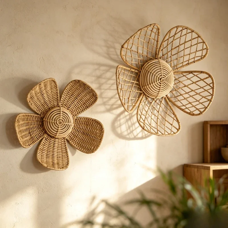 Nordic Rattan Flower Wall Hanging Decor Hand‑Woven Floral Wall Ornament Living Room Bedroom Background Wall Decoration