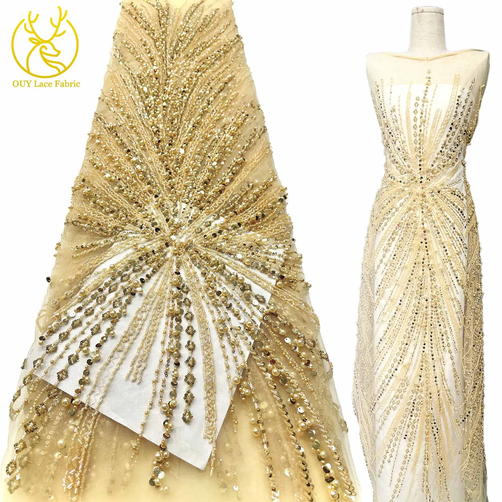 

Luxury Exquisite Wedding Dress Sewing Material African Handmade Beaded Lace Fabric 5 Yards French Nigerian Sequin Lace Fabric