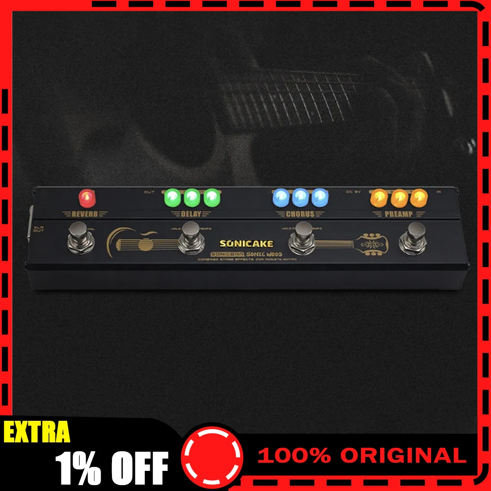 SONICAKE Preamplificador de guitarra acústica de madera sónica DI Box Pedal de reverberación de retardo de coro multiefectos con salida XLR QCE-50