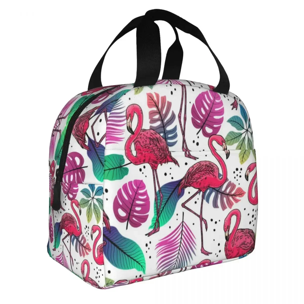 Flamingos And Palm Leaves Thermal Insulated Lunch Bags Women Tropical Pattern Resuable Lunch Tote for Outdoor Picnic Food Box