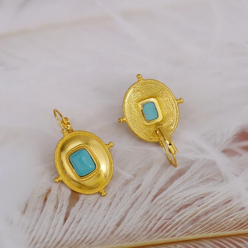 Vintage Court Gold Color Ornate Earrings for Women Creative Ethnic Style Imitation Turquoise Earrings Party Jewelry Gifts