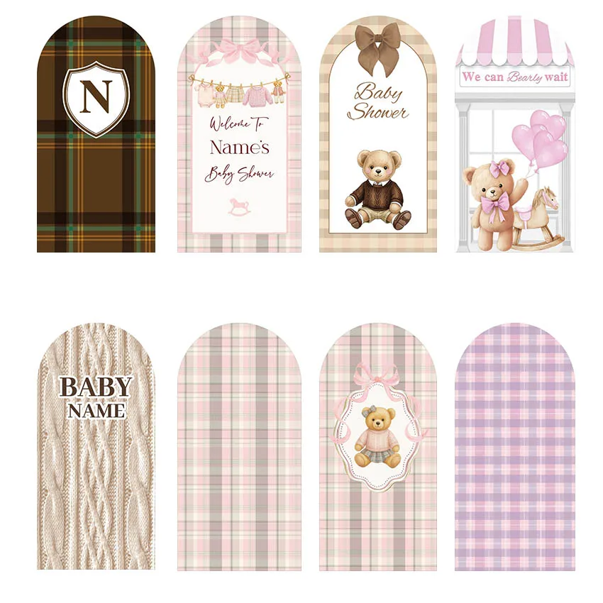 Mehofond Custom Name Cute Bear Pink Checked Theme Boys Birthday Party Baby Shower Cover Chiara Arch Background Decor Backdrop