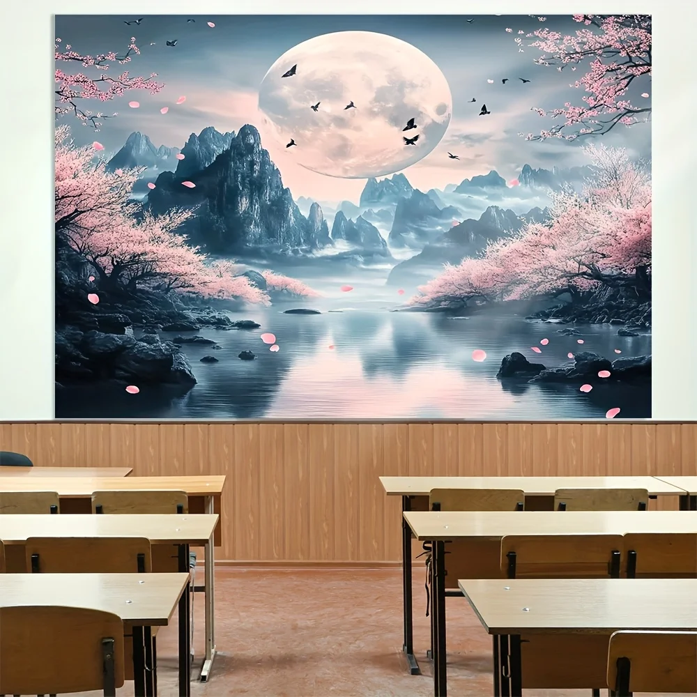 قطعة واحدة من نسيج جبل ساكورا والقمر للفصول الأربعة، قماش بوليستر، قابل للغسل في الغسالة، رائع لتزيين المكاتب المنزلية