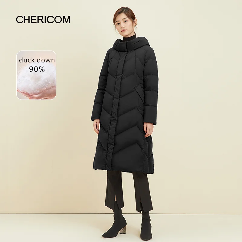 سترة شتوية نسائية من Chericom بغطاء للرأس طويلة وسميكة ودافئة سترة منتفخة على الموضة الكورية معطف مبطن للنساء 269087