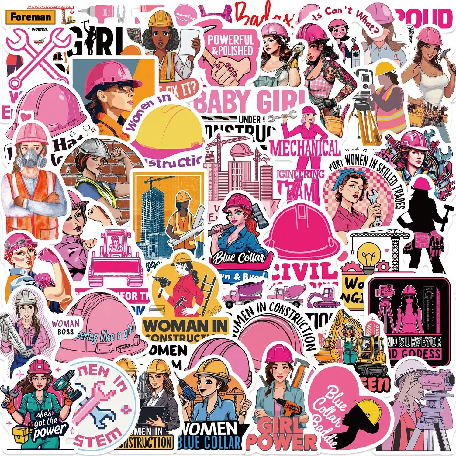 

50PCS Pink Safety Helmet Project Graffiti Fun Stickers Decorative Water Bottles, Safety Hats, Luggage, Bicycles, Skateboards