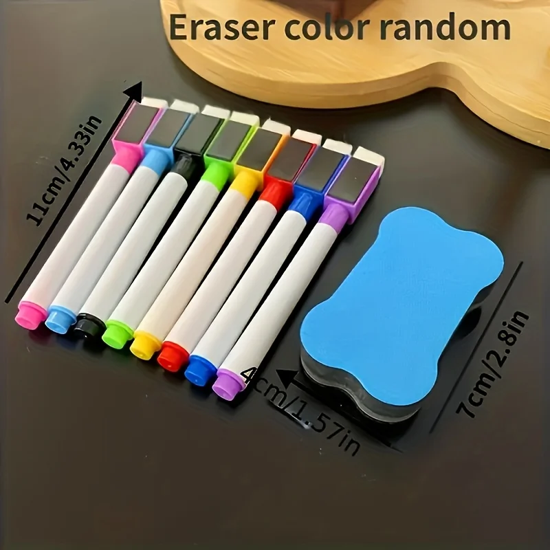 Erasable magnetic Whiteboard Markers | 8pcs, Suitable for Office Whiteboards, Random Colors 8pcs + Eraser