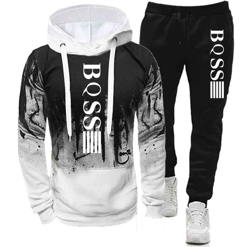 

Men Splash Ink Print Hoodie and Pants Set Tracksuit Casual Sportswear Suit Autumn Winter Fleece Lined Warm Training Gym Outfit