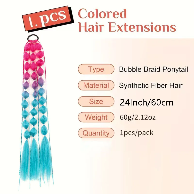 24Inch Synthetic Bubble Braid Ponytail Hair Extensions Elastic Rubber Band Ponytail Braids Colorful Festival Party Cosplay Hair