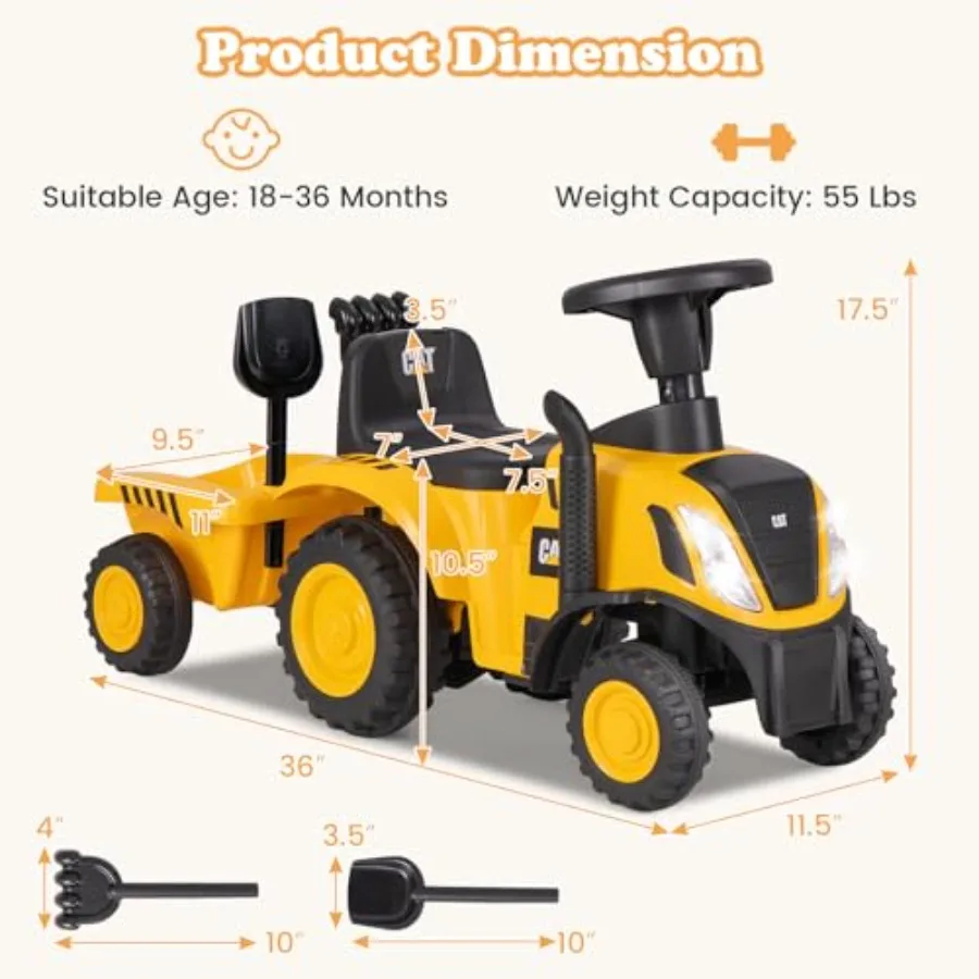 Licencjonowany traktor Caterpillar do jazdy, 2 w 1: pojazd do jazdy i wózek do pchania z odłączanym przyczepką, światła, klakson, grabie, łopata, napęd na stopę.