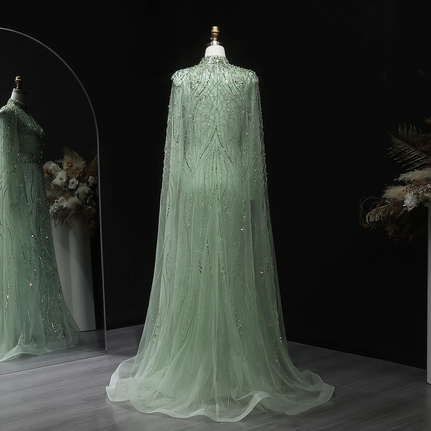 Sharon Said Luxuriöses Dubai Champagner Kristallperlen-Cape Muslimisches Abendkleid Arabisches Hochzeitskleid Ballkleid SS366 Maßanfertigung – Detail 11