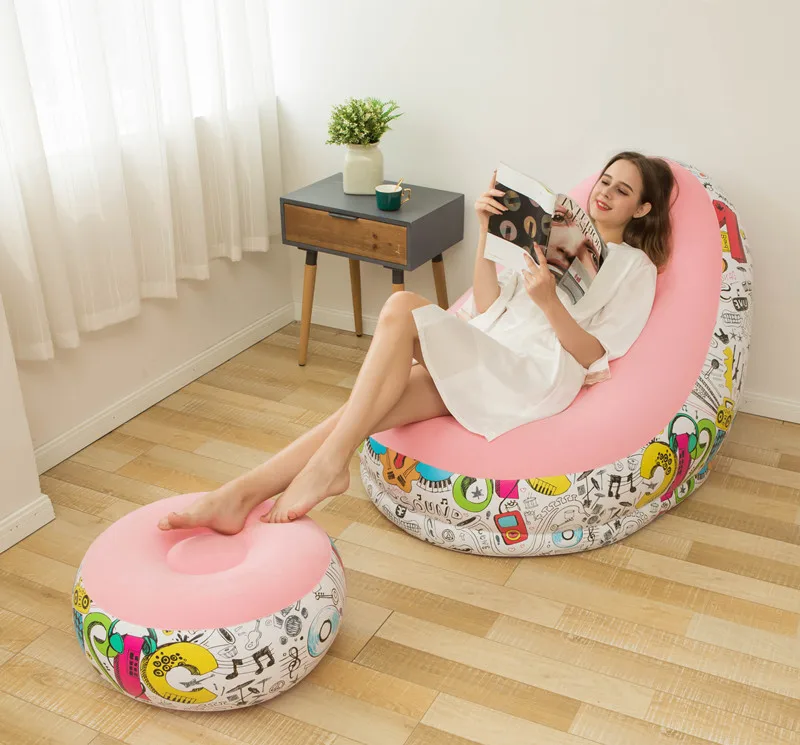 Inflatable lazy simple sofa comfortable single padded flocking lounge chair with pedal portable air storage chair.