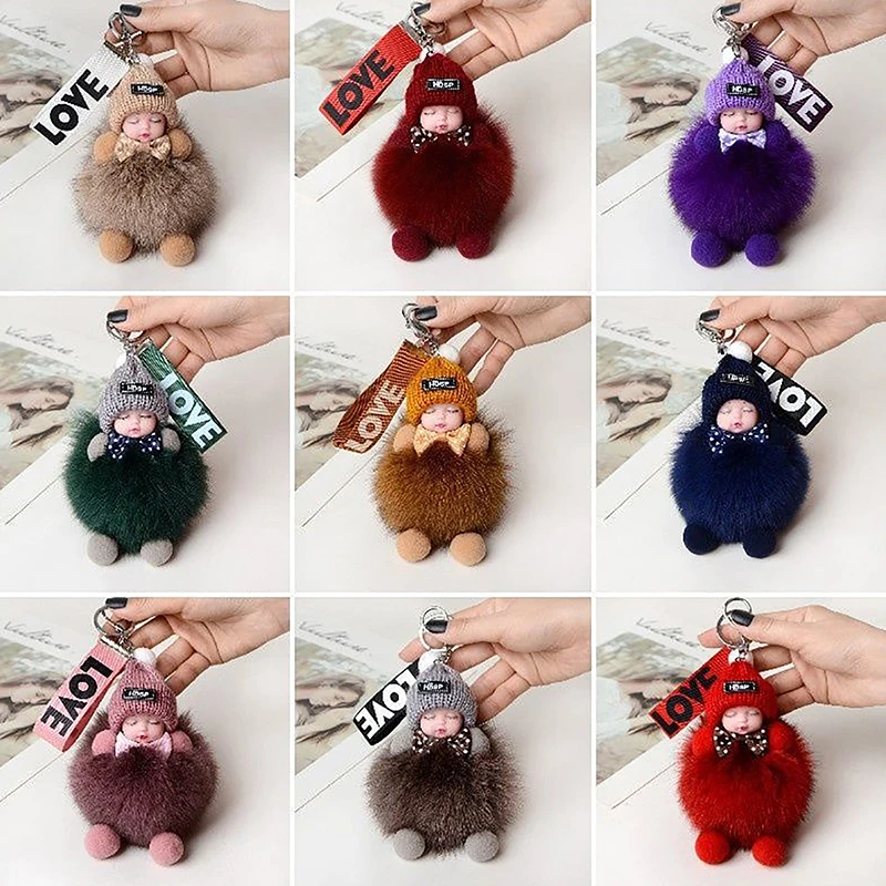 Pompom Sleeping Baby Doll Keychain Cute Fluffy Plush Doll Keychains Doll Bag Charm Cars Gift