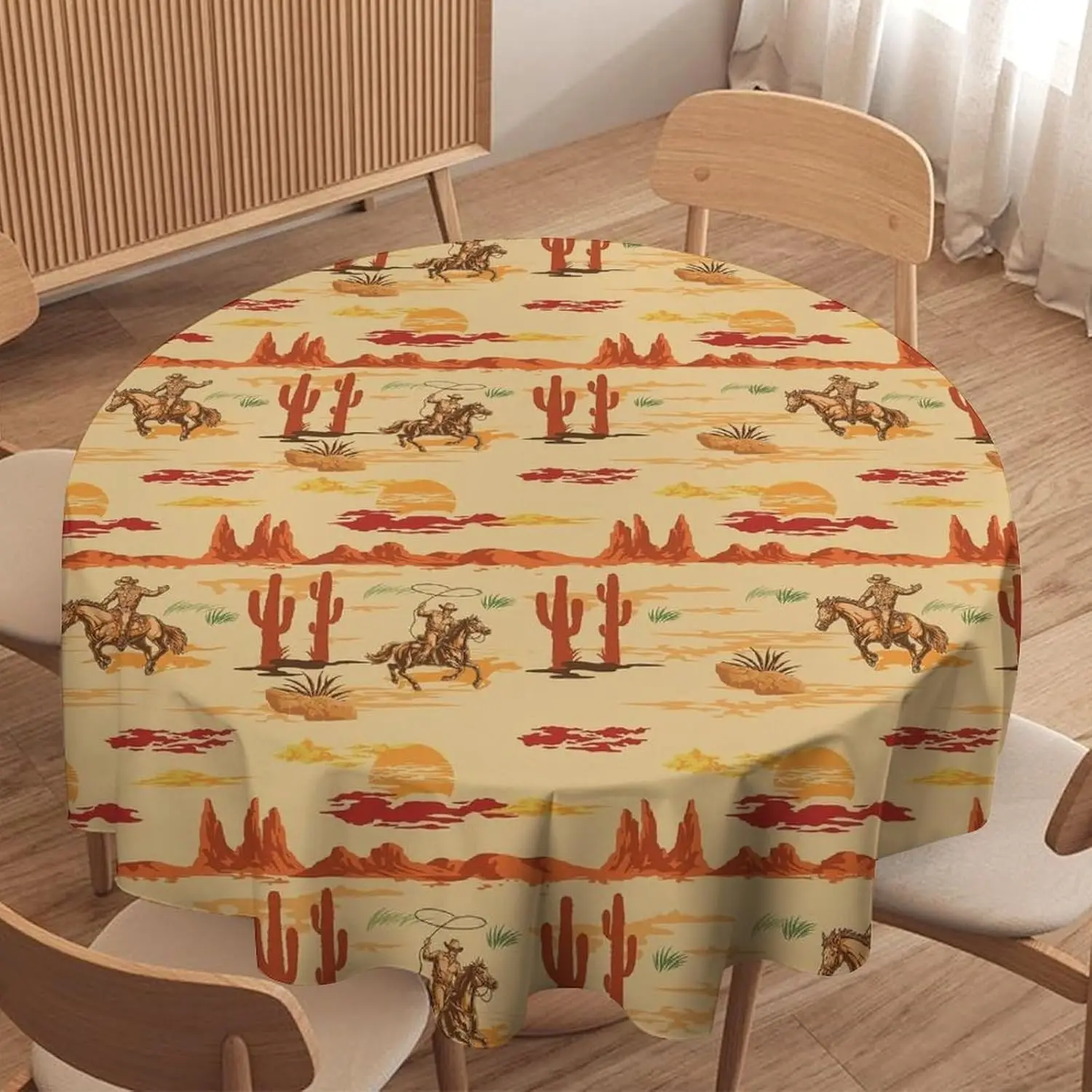

Vintage Western Cowboy Desert Cactus Circle Tablecloth - Rustic Wild West Style Home Party Dining Kitchen Cover