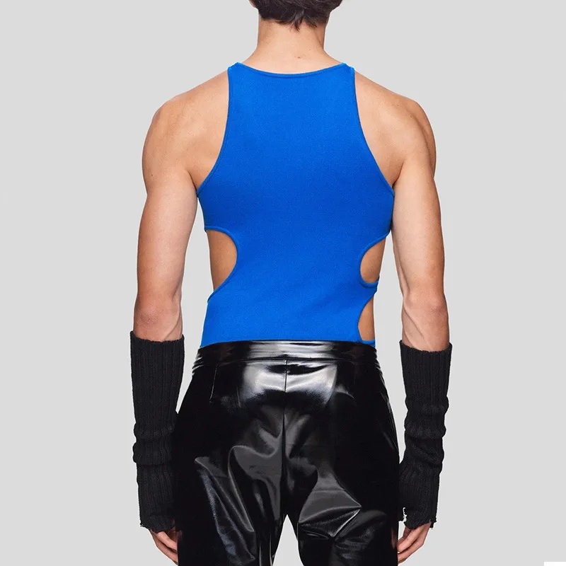 Personalized suspenders double shoulder straps hollowed-out knitted vest elastic slim-fit top niche design T-shirt men