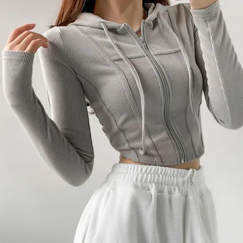 패션 슬림 짧은 지퍼 업 스웨터 여성 섹시한 솔리드 컬러 자르기 탑 후드 가디건 한국 streetwear 후드 여성