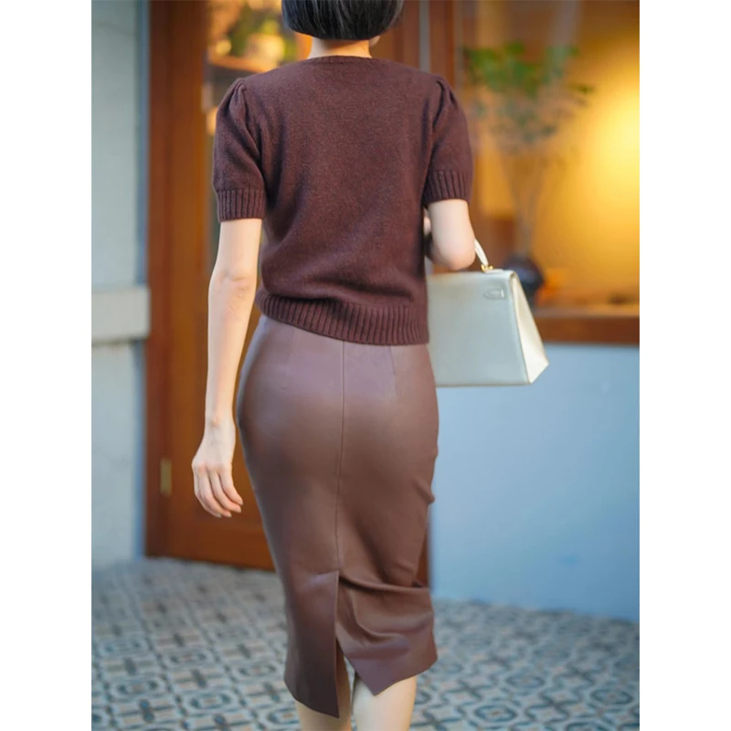 

Haining Design Sense Medium Length eepskin Real Leather Skirt Wrap around Skirt High Waist A-Line Skirts Ba Split