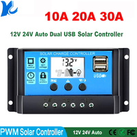 High Efficiency 10A 20A 30A 12V 24V Auto Solar Charge Controller PWM with Solar Cell Panel Regulator For PV Light With USB Ports