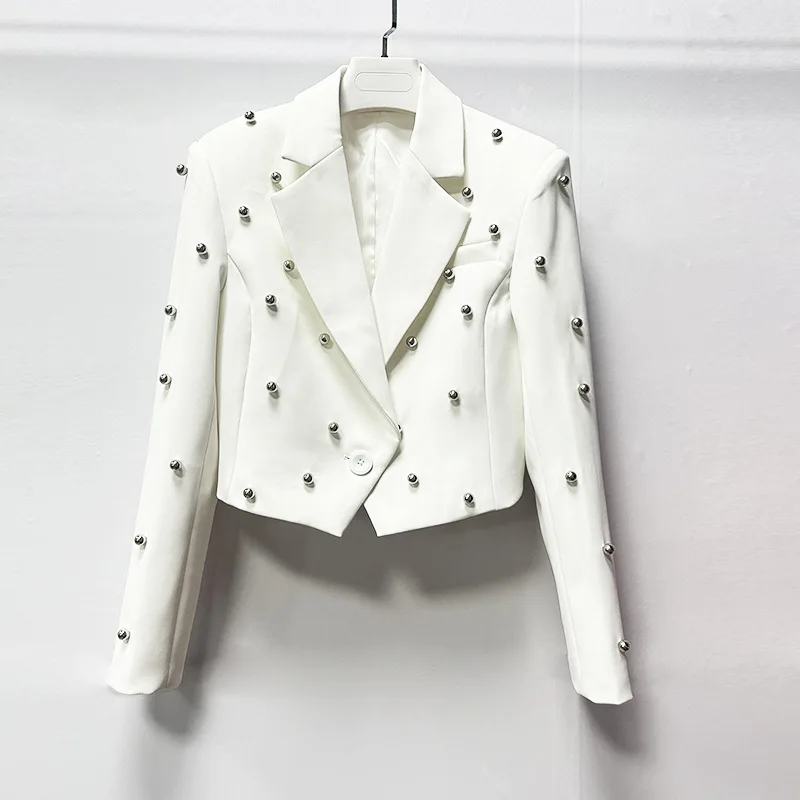 2024 New Fall Fashion Handmade Nail Beaded Long Sleeve Slim Short White Short Coat Jacket Suit Festival Outfit Women