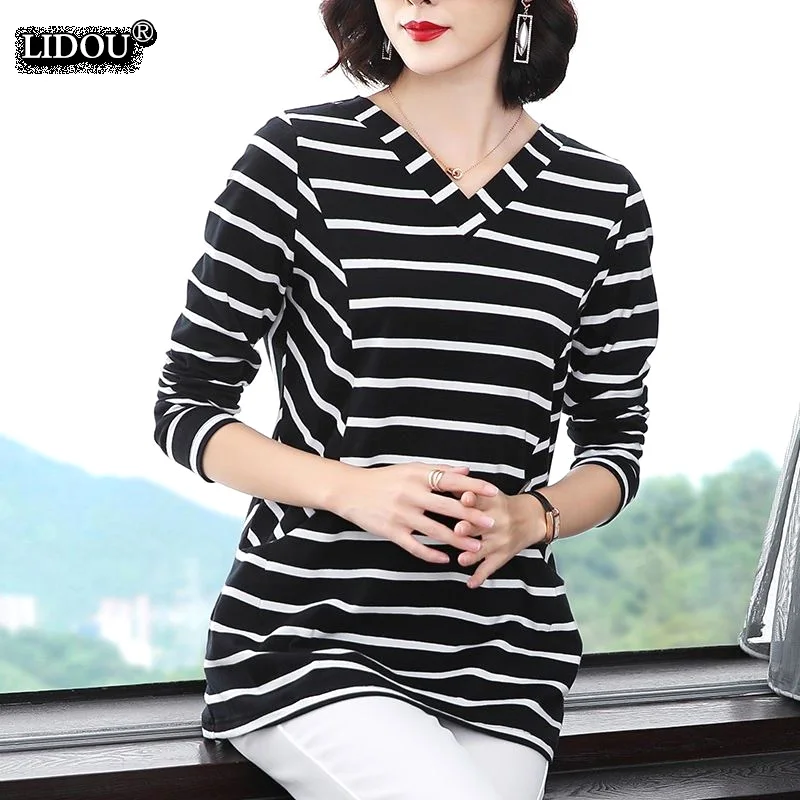 

Striped Skinny Comfortable Popularity Korean All-match T-shirts Female Fashion Casual Spring Autumn Long Sleeved Women Clothing