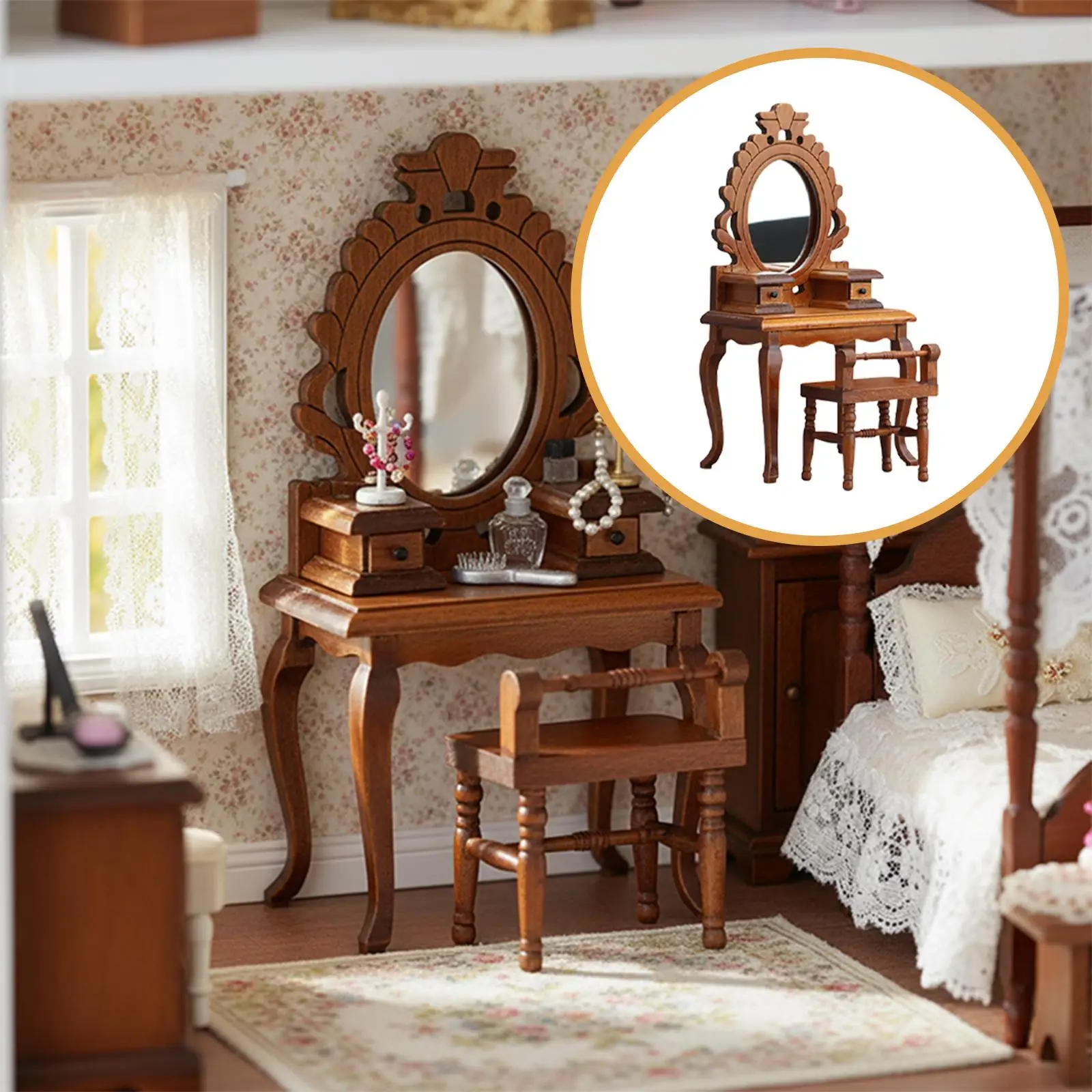 

Миниатюрный туалетный набор для кукольного домика, аксессуары 1/12 для спальни, праздничный подарок, украшение, изящная деревянная мебель для кукольного домика