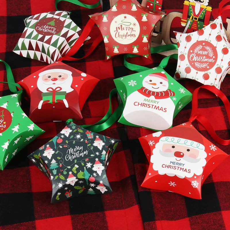 8pcs Star Shape Christmas Candy Box DIY Paper Treat Gift Boxes with Ribbon Merry Christmas Boxes Bag for Home New Year Navidad