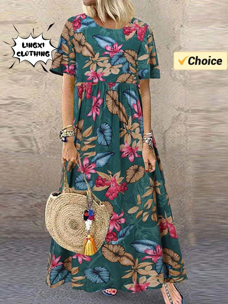 Elegant Party Dress 2024 Women\'s Elegant Plus Size Skirt Loose Round Neck Short Sleeve Retro Print Casual Women\'s Long Dress