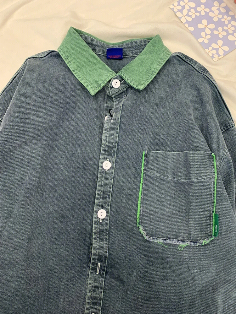 Retro Blue Denim Shirts For Women Spring Autumn Casual Loose Student Long Sleeved Jackets Fashion Patchwork Commuting Thin Tops