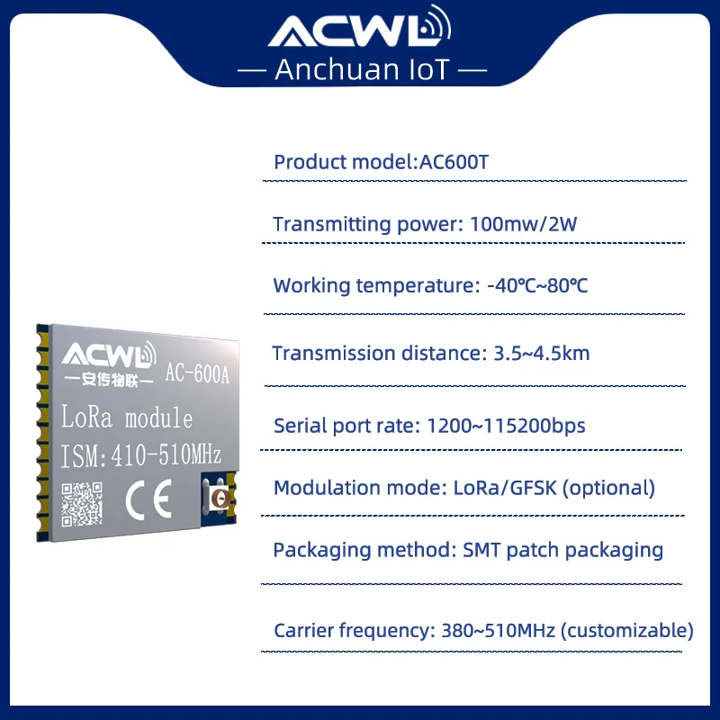 AC600T 2W LoRa Wireless Communication Module, Supports TTL, Low Power Sleep Mode, for AMR and Automation Systems