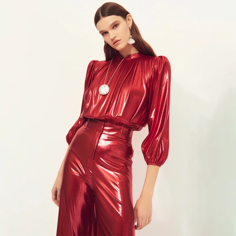 Women\'s Jumpsuit Turtleneck Metal Lantern Sleeves Wide Leg Sequins Elegant Party Nightclub High Waist Red Jumpsuit
