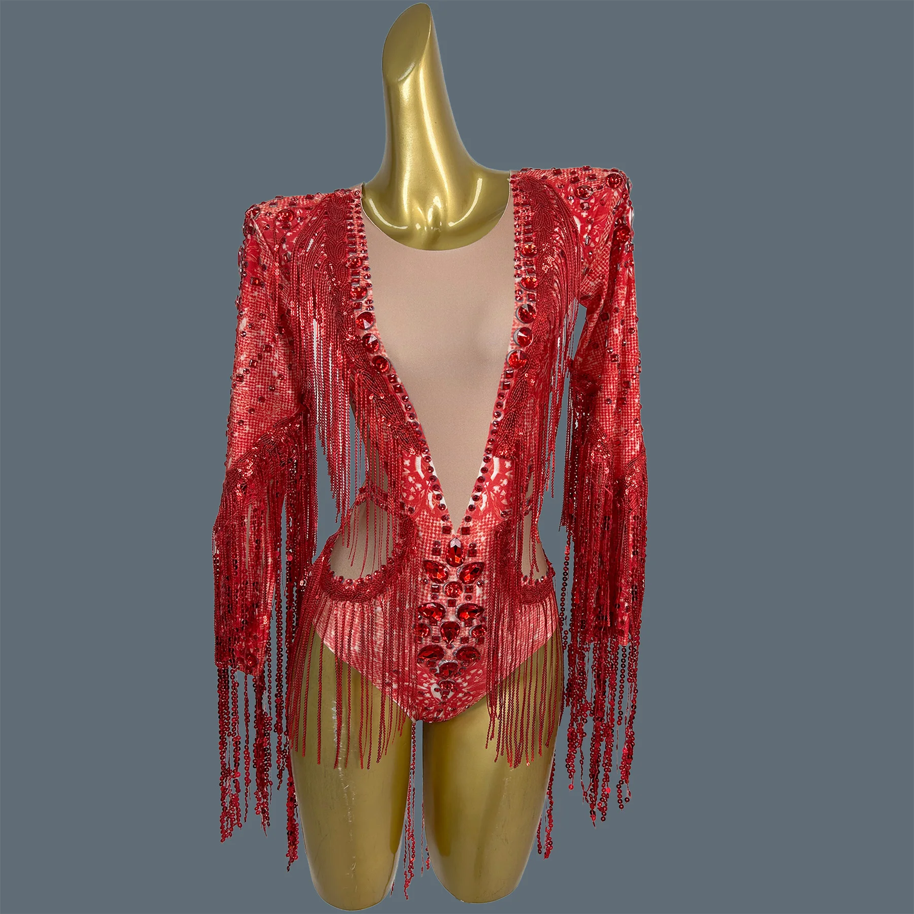 Sparkly Rhinestone Sequins Tassel Dance Bodysuit Women Stretch Dance Fringes Outfit Club DJ Singer Leotard Stage Costume Qiaqia