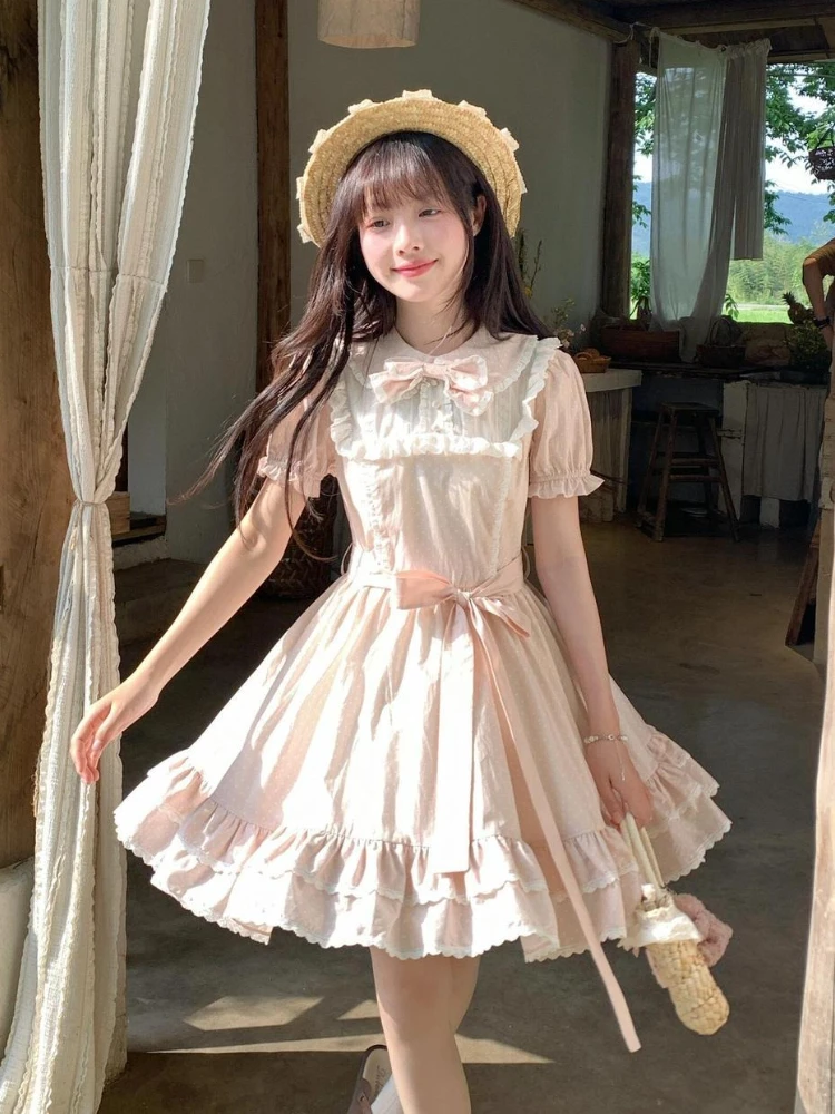 Letnia Słodka Różowa Sukienka z Bufiastymi Rękawami i Kokardą Damska Projekt Casual Nowe Sukienki Patchwork Elegancka Nowa Moda Sukienki Krótkie w Linii A