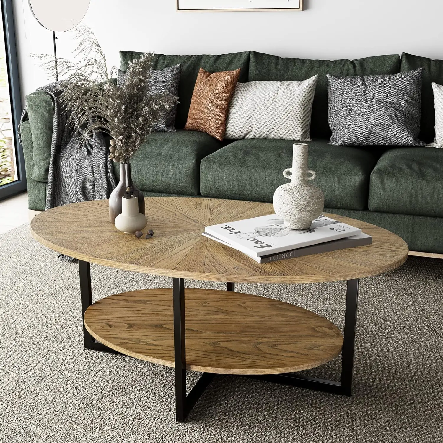 Solid Wood Oval Coffee Table With Cross Metal Legs, 43.3in Modern Center Table With Open Shelf Cocktail Tea Table For