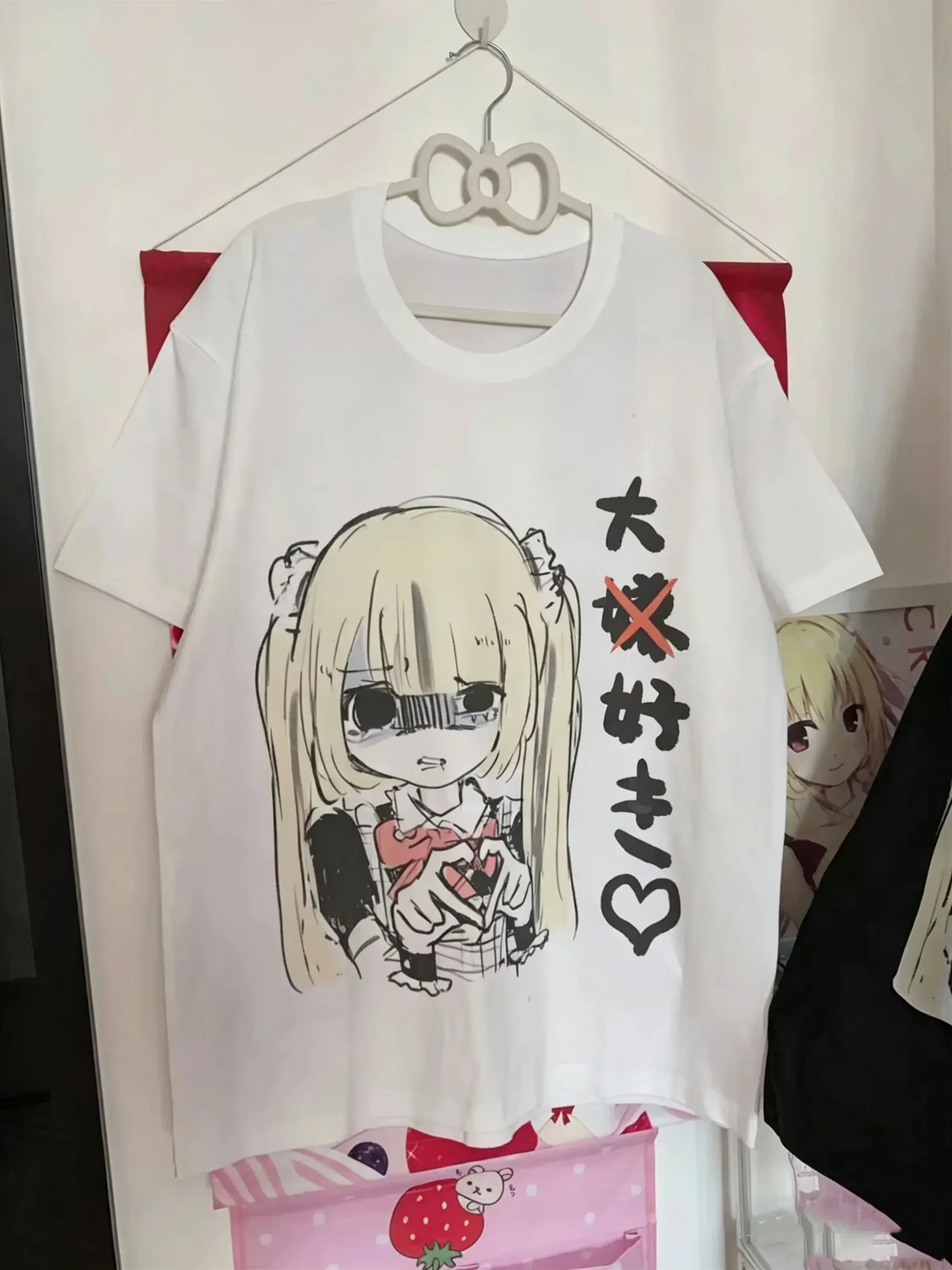 Japanisches Y2K Jirai Kei Kurzarm-T-Shirt für Damen, O-Ausschnitt, Cartoon-Print, lockeres Oberteil, reine Baumwolle, süßes Subkultur-Yami-Kawaii-Shirt – Detail 1