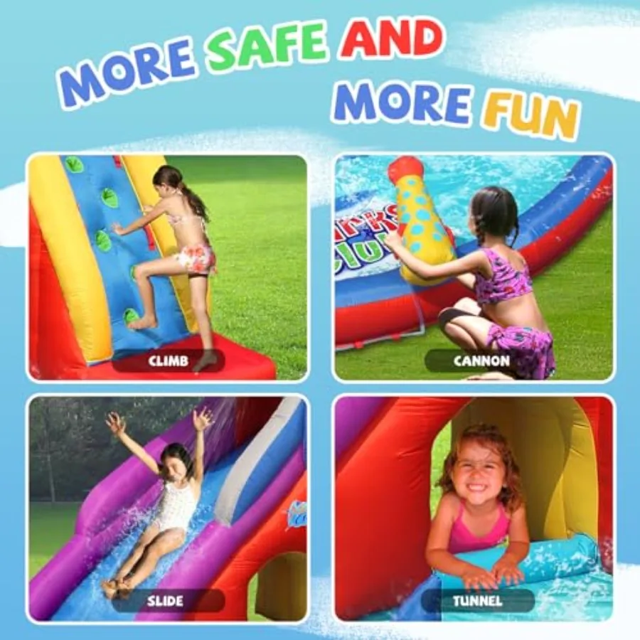Opblaasbare waterglijbaan, Red Shark Bounce House met glijbaan voor nat en droog, speelplaatsensets voor kinderen in de achtertuin, waternevel, water
