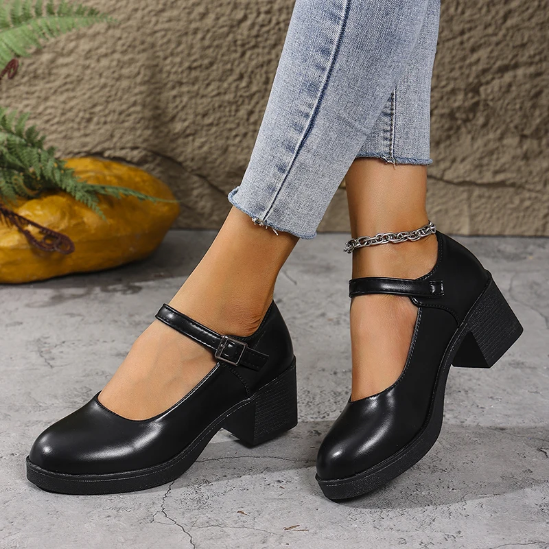 

Plus Size 42 Black Thick Heels Pumps Women Classic Pu Leather Platform Mary Jane Shoes Woman Ankle Buckle Office High Heel Shoes