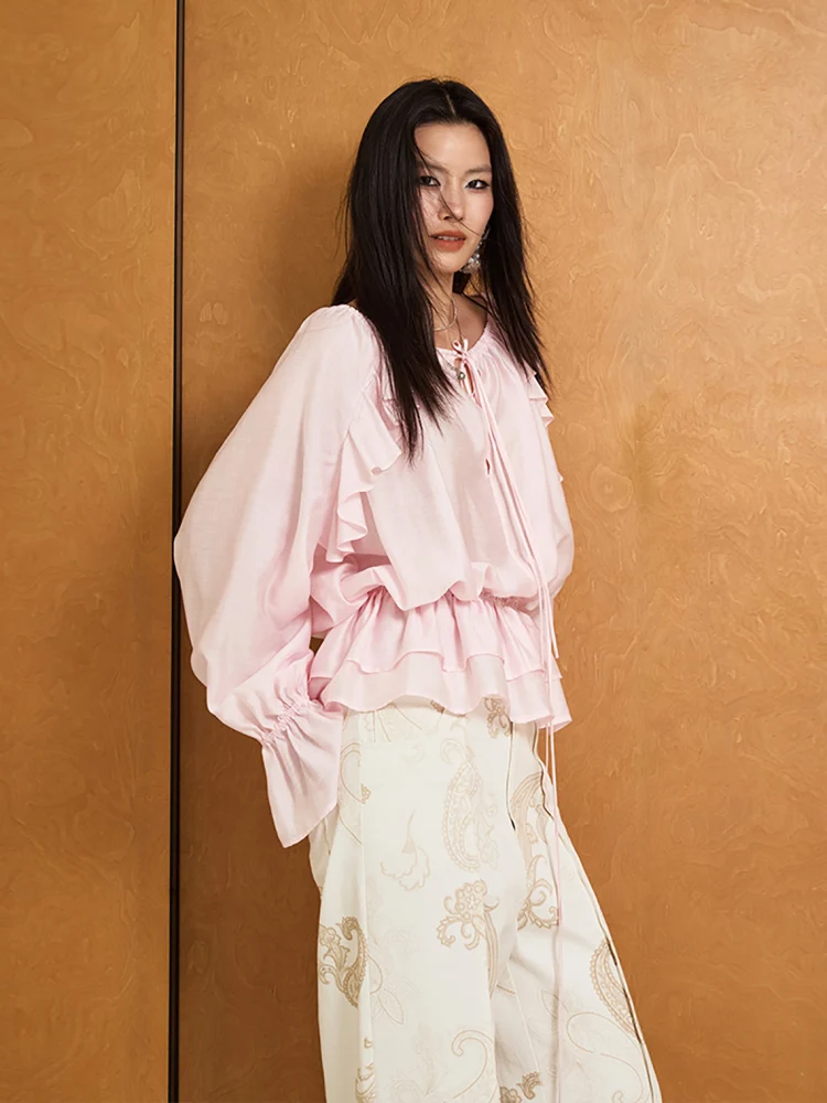 

Loen Original Design Silk Dstring irt with Ruffle Sve Elastic Flared Cuffs New Sle Women's Loose Fit Breathable Sum...