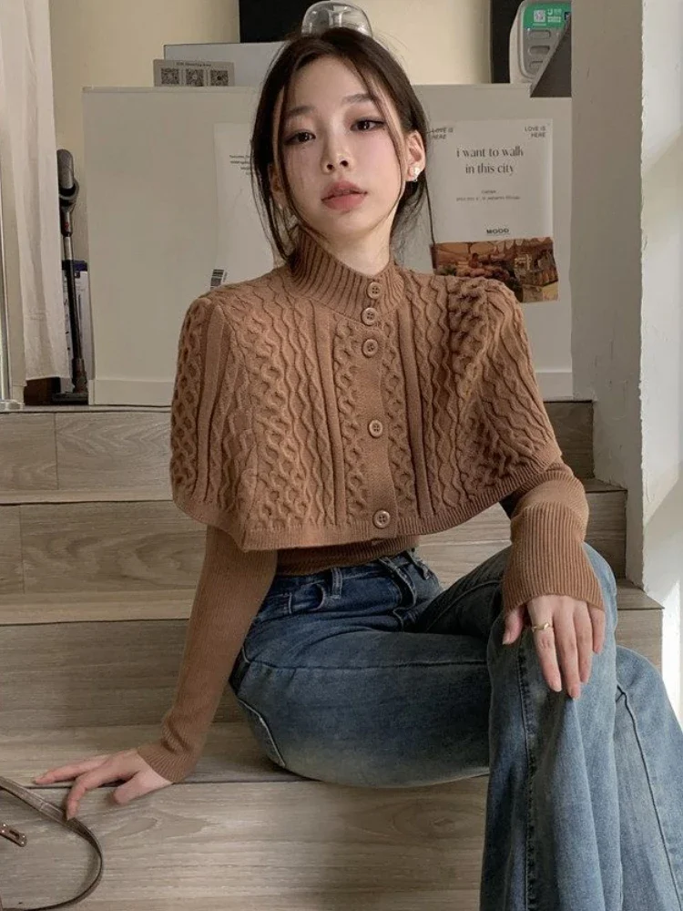 Set 2 Potong Kardigan Turtleneck Pulover Lengan Panjang Wanita Pakaian Musim Gugur Solid Elegan Pakaian Rajut Fashion Korea Wanita Minimalis
