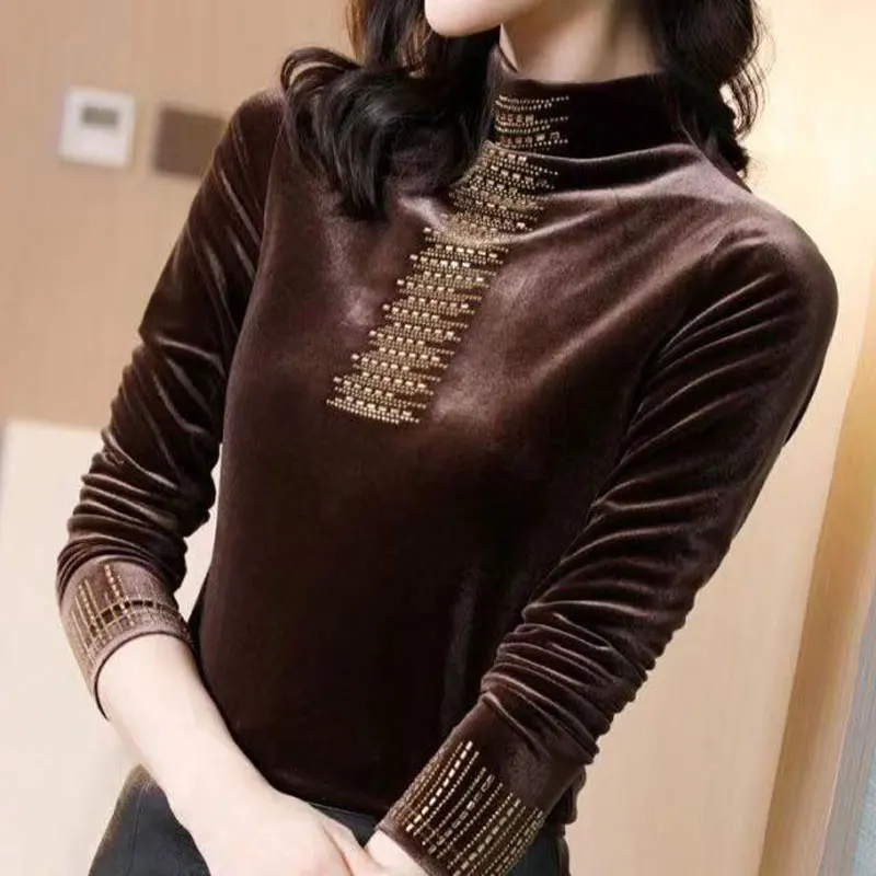 Female Clothing Vintage Solid Color T-shirt Autumn Winter Stylish Diamonds Long Sleeve All-match Half High Collar Pullovers 2025