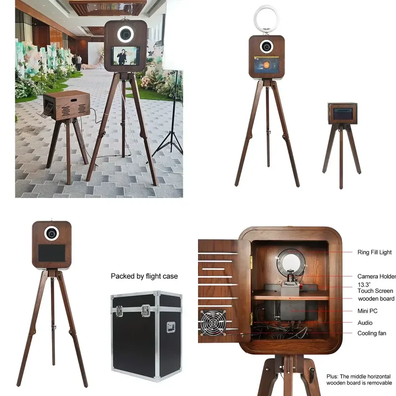 Vintage Red Oak Photo Booth Machine Wooden Photo Booth for Weddings and Events Compatible with Camera