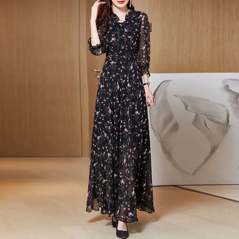 Summer New French Black Flower Dress Women's Long Style Slim Elegant Chiffon Floor Long Dress Female Print Drawstring DreSS